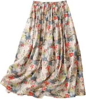 Women's Vintage Printed A-Line Skirt, High Waist Slim Fit Pleated Midi Skirt