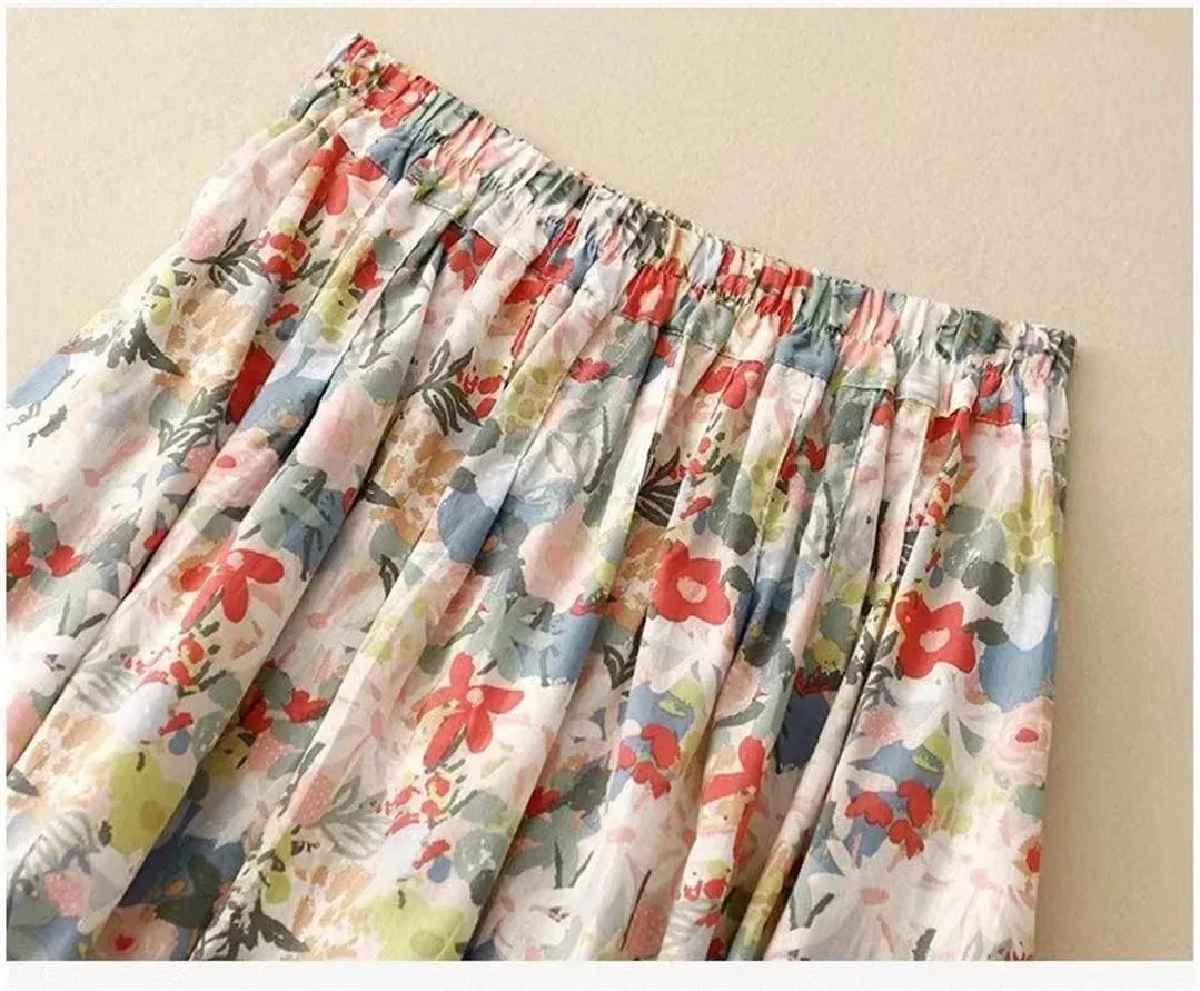 Women's Vintage Printed A-Line Skirt, High Waist Slim Fit Pleated Midi Skirt