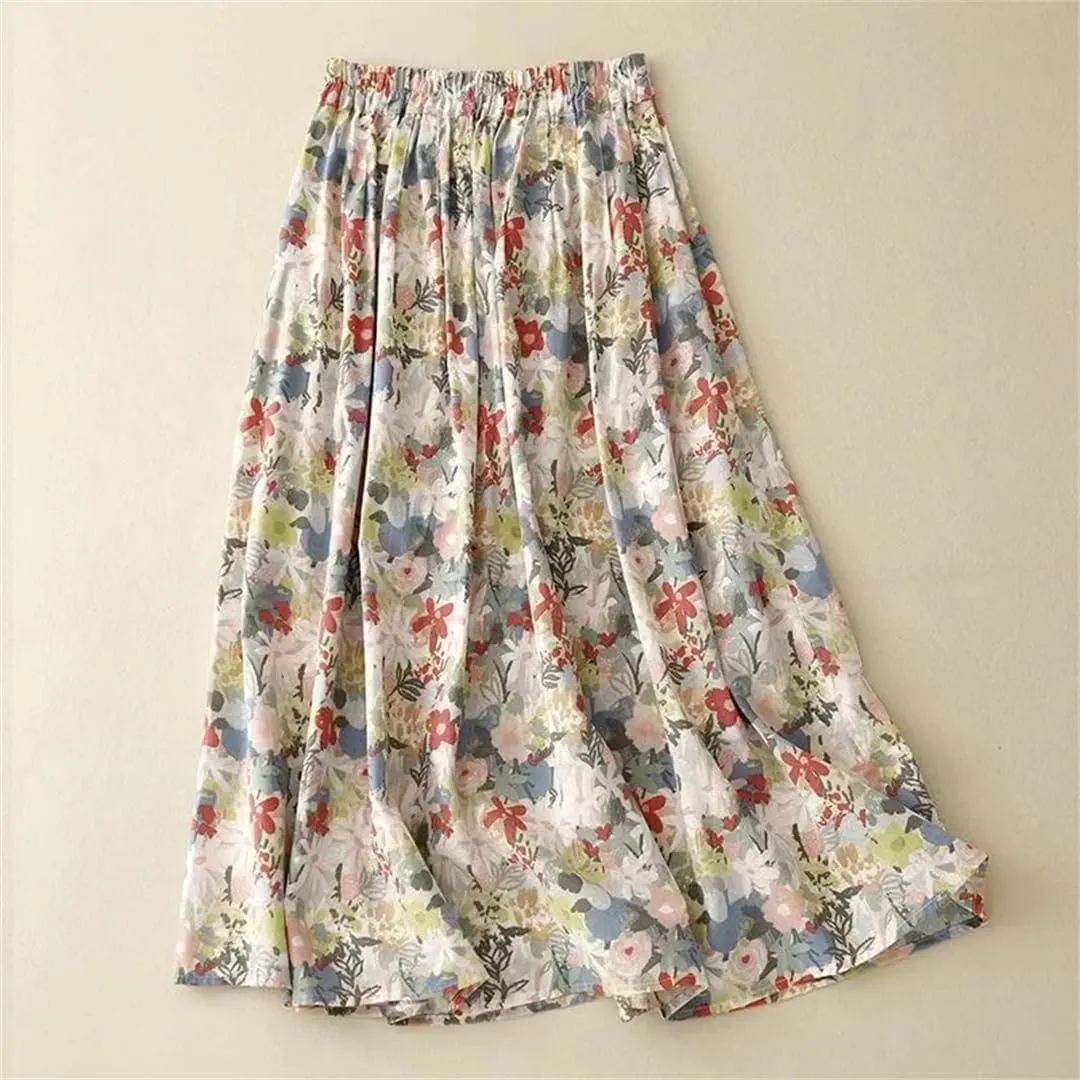 Women's Vintage Printed A-Line Skirt, High Waist Slim Fit Pleated Midi Skirt