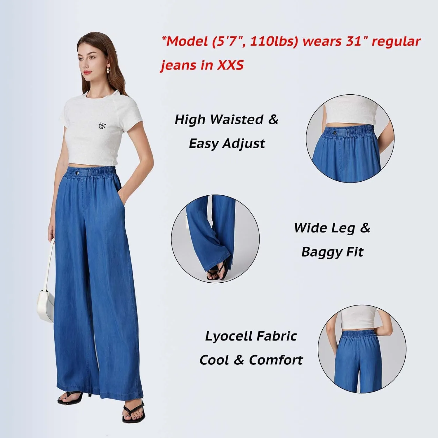 Womens Wide Leg Pull-On Jeans with Elastic High-Rise Waist (29/31")