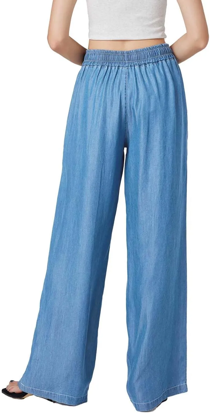 Womens Wide Leg Pull-On Jeans with Elastic High-Rise Waist (29/31")