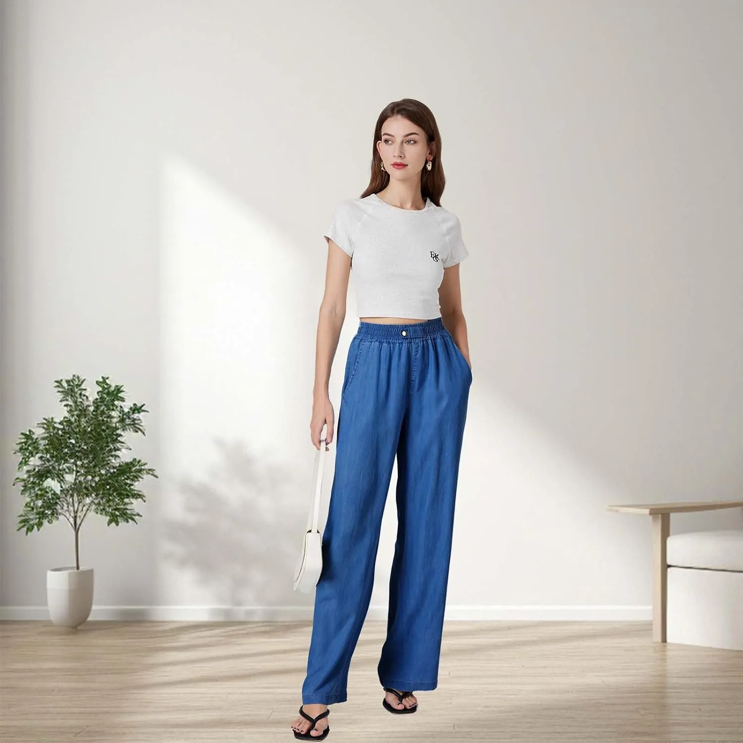 Womens Wide Leg Pull-On Jeans with Elastic High-Rise Waist (29/31")