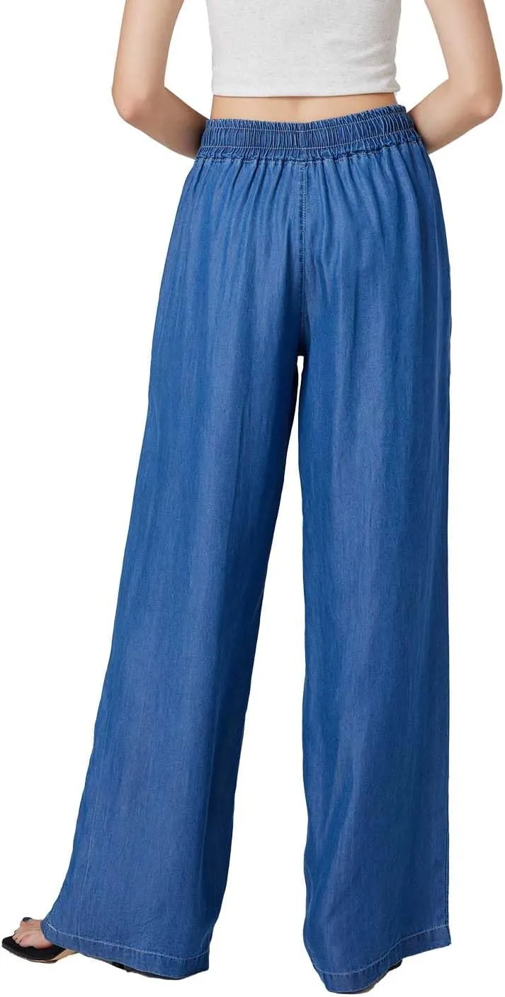 Womens Wide Leg Pull-On Jeans with Elastic High-Rise Waist (29/31")