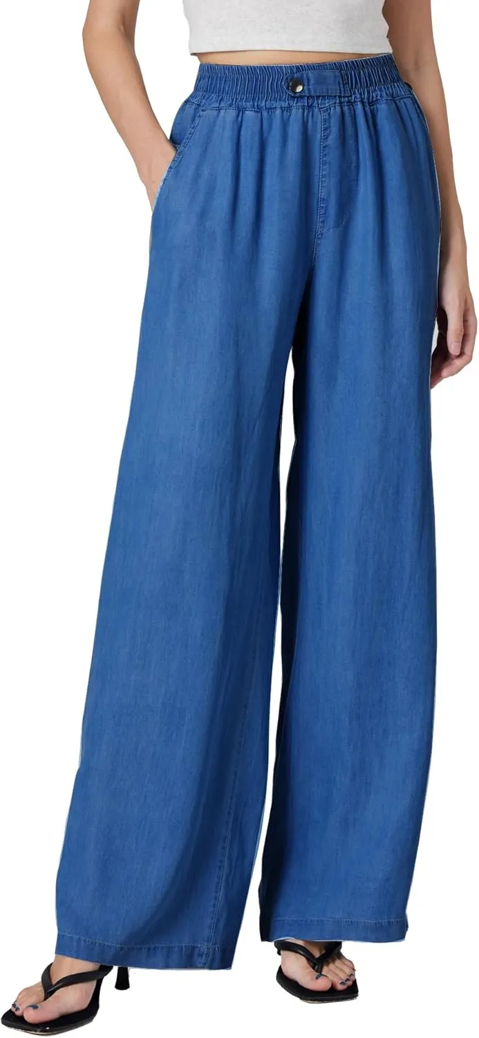 Womens Wide Leg Pull-On Jeans with Elastic High-Rise Waist (29/31")
