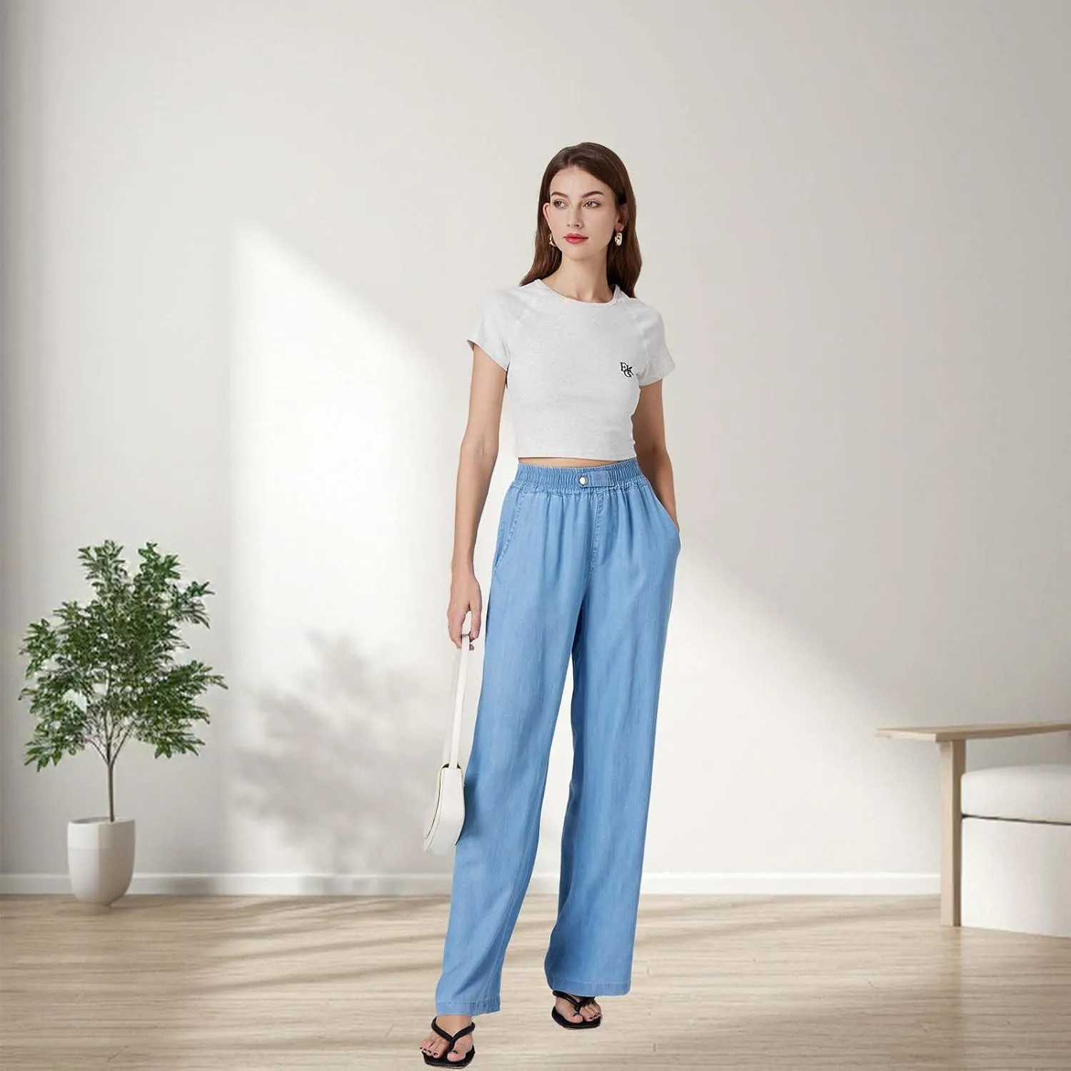 Womens Wide Leg Pull-On Jeans with Elastic High-Rise Waist (29/31")