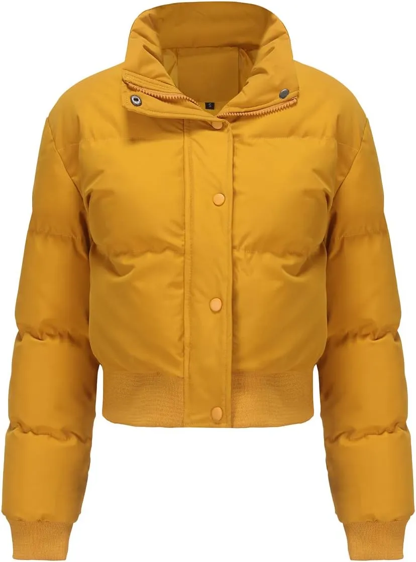 Women's Winter Puffer Jacket, High Neck, Short Length, Long Sleeve, Casual Fit, Cotton Padded Coat