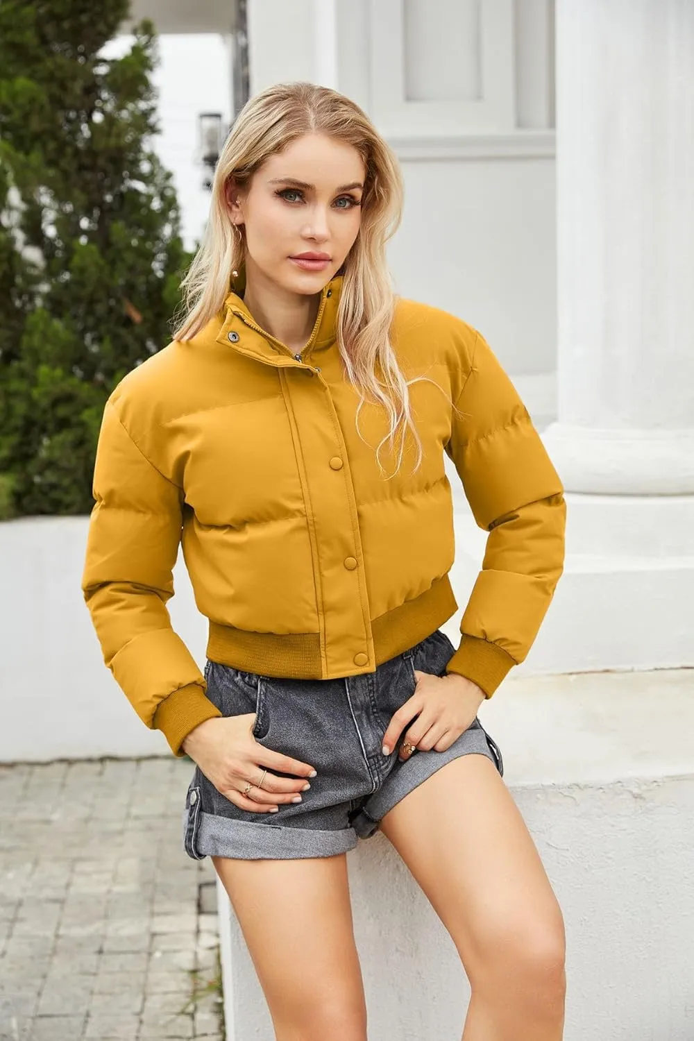 Women's Winter Puffer Jacket, High Neck, Short Length, Long Sleeve, Casual Fit, Cotton Padded Coat
