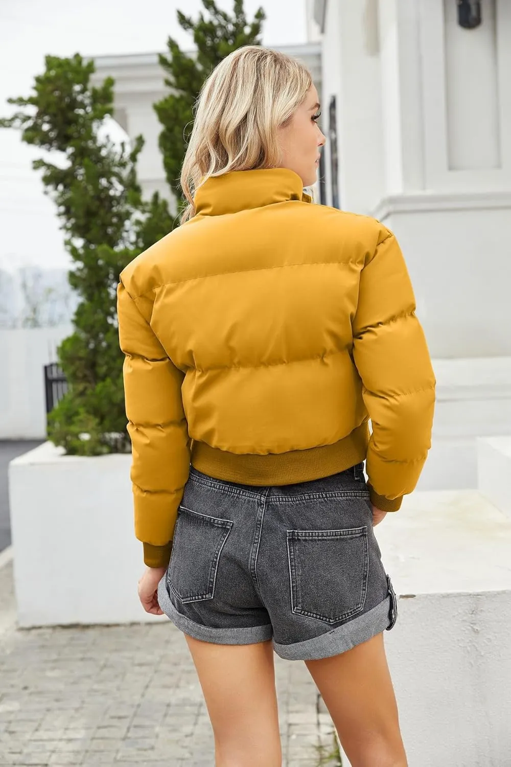 Women's Winter Puffer Jacket, High Neck, Short Length, Long Sleeve, Casual Fit, Cotton Padded Coat
