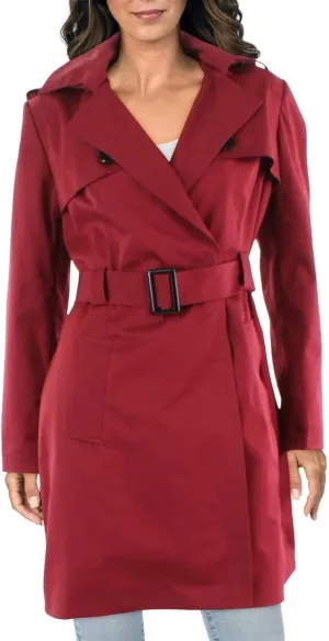 Womens Woven Long Sleeves Trench Coat Red XL