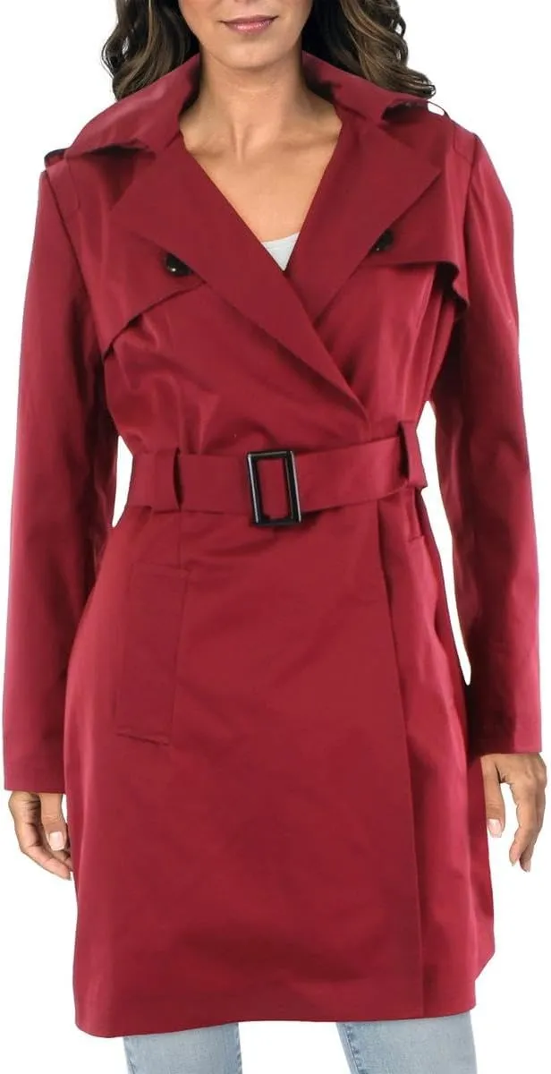 Womens Woven Long Sleeves Trench Coat Red XL