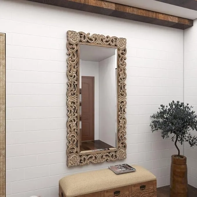 WoodIdea Wood Wooden Wall Mirror Frame Wall Mounted for Bedroom Home Decor Living Room Wall Hanging Wooden Hand Carved Decorative Wall Mirror Frame White Anticque (30"x72")(Only Frame Without Mirror
