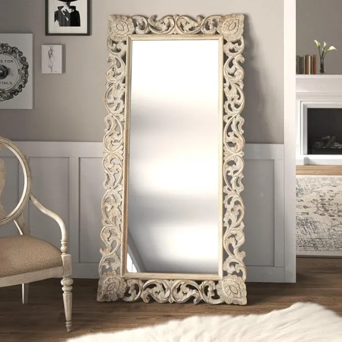 WoodIdea Wood Wooden Wall Mirror Frame Wall Mounted for Bedroom Home Decor Living Room Wall Hanging Wooden Hand Carved Decorative Wall Mirror Frame White Anticque (30"x72")(Only Frame Without Mirror