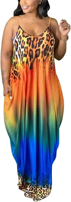 WUSENST Women's Casual Adjustable Spaghetti Strap Maxi Dress Plus Size Sundresses with Pockets