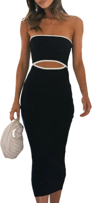 Y2k Women Strapless Knit Tube Dress Cut Out Sleeveless Bodycon Midi Dresses Backless Beach Sun Dress Summer