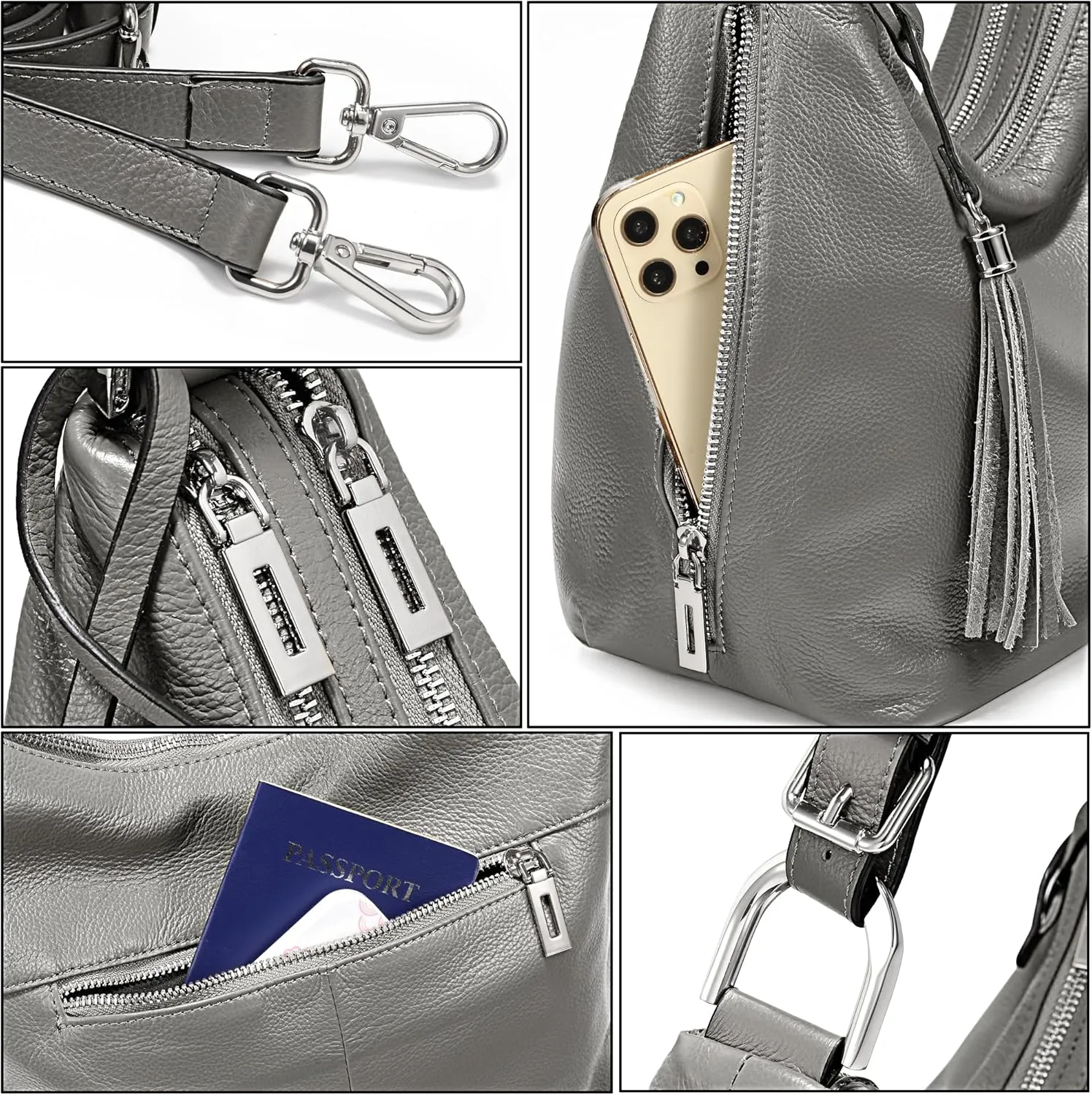 YALUXE Women's Genuine Leather Hobo Handbags Purses Shoulder Bags Cross-body Bags with Double Zippered Pockets