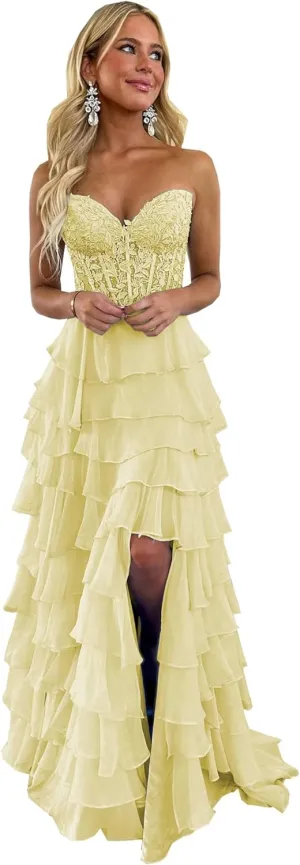YMFFW Strapless Chiffon Long Prom Dress with Lace Corset Bodice and Ruffle Skirt A Line Evening Formal Party Dresses 2024