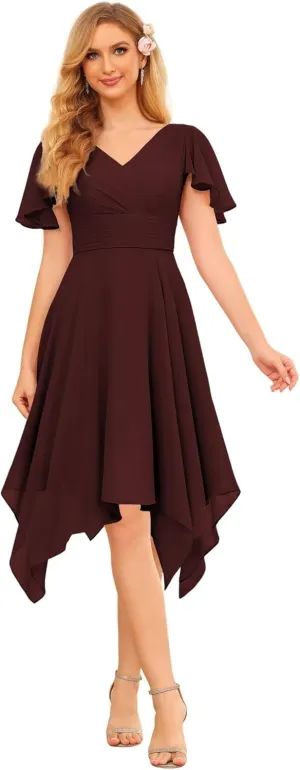YOFF 2025 Casual Formal Drsess Flutter Short Sleeve V Neck Pleated Chiffon Midi Bridesmaid Wedding Guest Dresses YO110