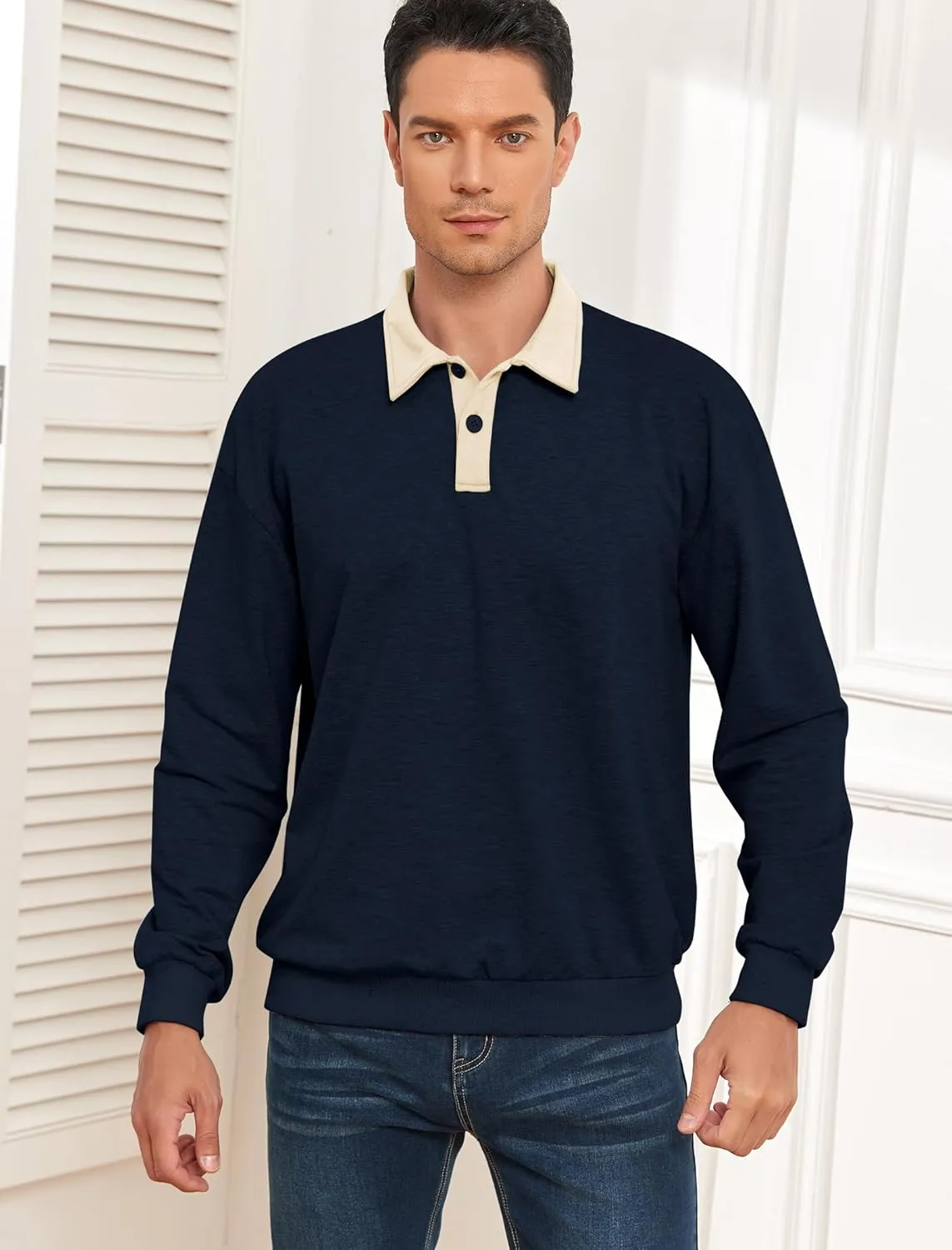 ZAFUL Men's Long Sleeve Polo Shirts Color Spliced Polo Collar Sweatshirt Casual Golf Patchwork Shirts Tops