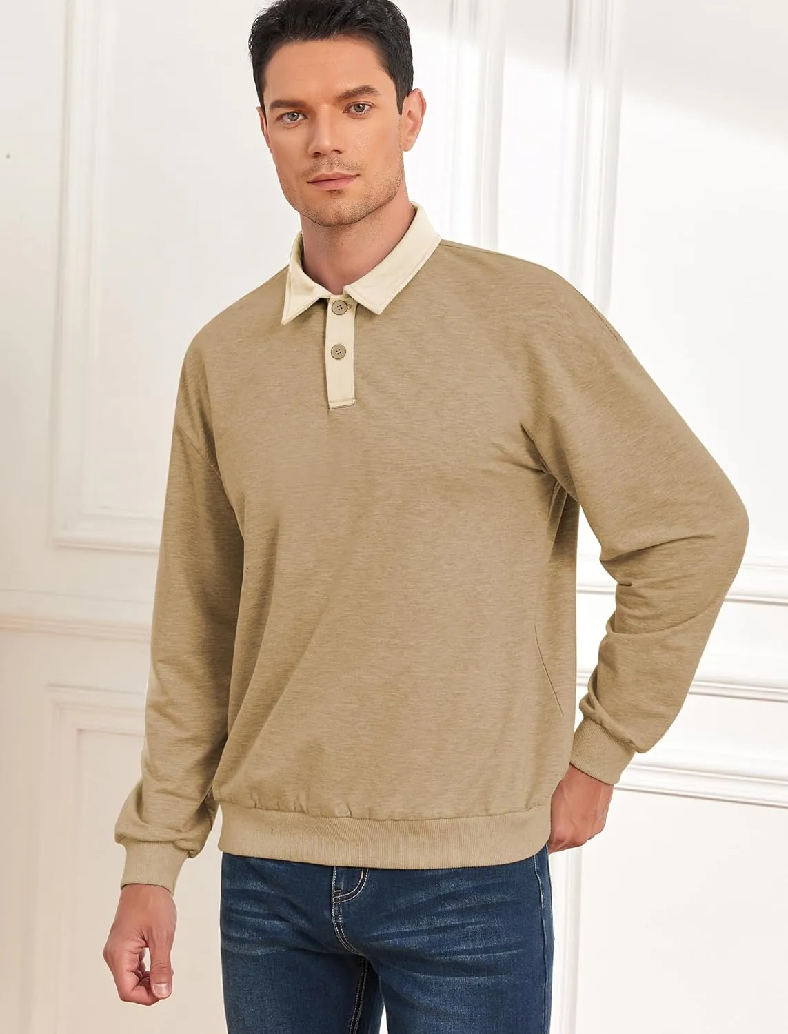 ZAFUL Men's Long Sleeve Polo Shirts Color Spliced Polo Collar Sweatshirt Casual Golf Patchwork Shirts Tops