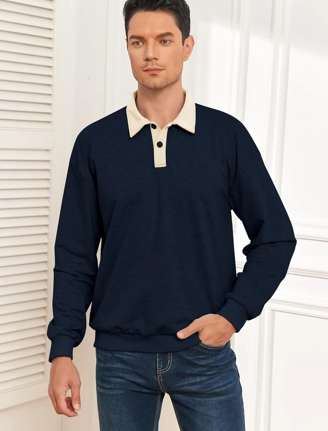 ZAFUL Men's Long Sleeve Polo Shirts Color Spliced Polo Collar Sweatshirt Casual Golf Patchwork Shirts Tops