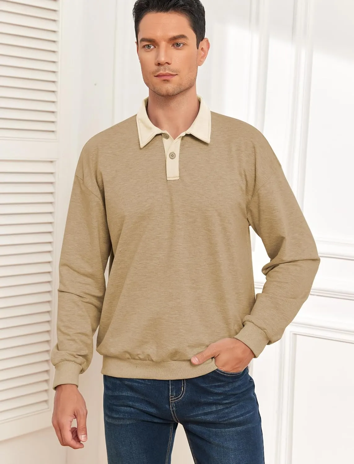 ZAFUL Men's Long Sleeve Polo Shirts Color Spliced Polo Collar Sweatshirt Casual Golf Patchwork Shirts Tops
