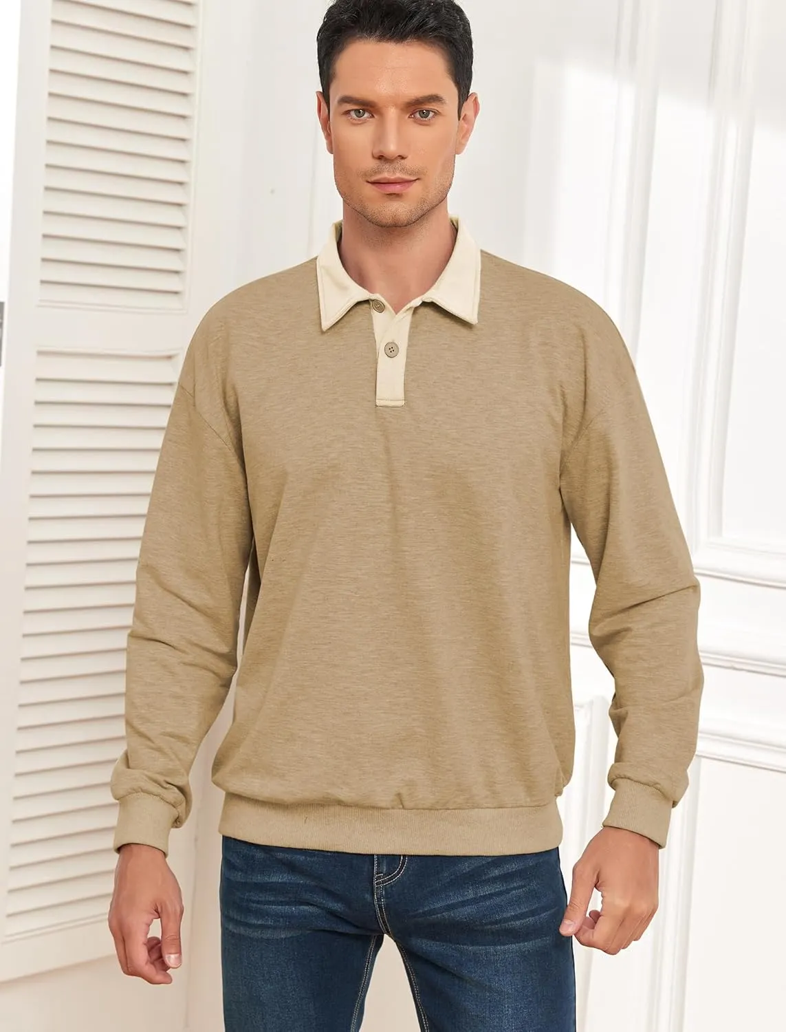 ZAFUL Men's Long Sleeve Polo Shirts Color Spliced Polo Collar Sweatshirt Casual Golf Patchwork Shirts Tops