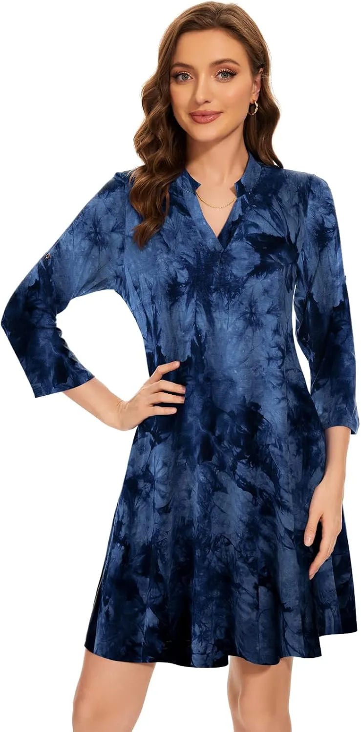 ZENNILO Womens 3/4 Sleeve Dress V Neck Plus Size Tshirt Dress for Women Knee Length with Pockets