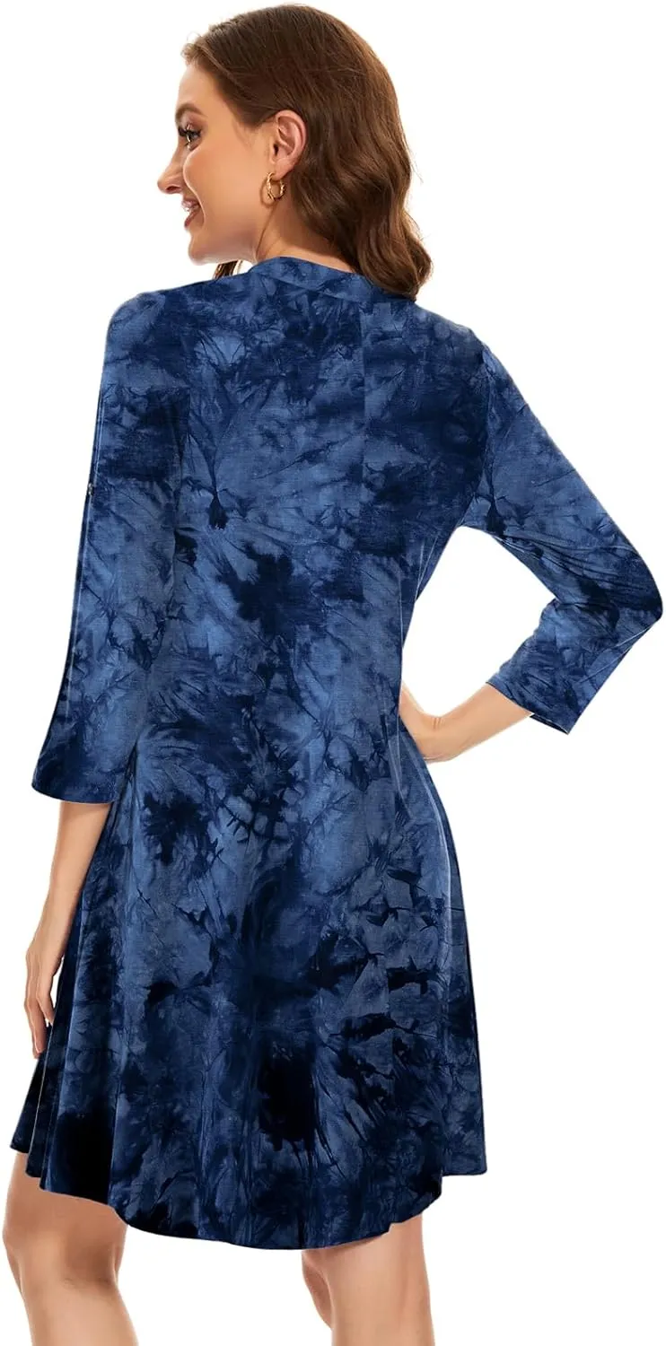 ZENNILO Womens 3/4 Sleeve Dress V Neck Plus Size Tshirt Dress for Women Knee Length with Pockets