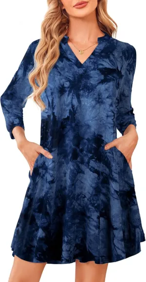 ZENNILO Womens 3/4 Sleeve Dress V Neck Plus Size Tshirt Dress for Women Knee Length with Pockets