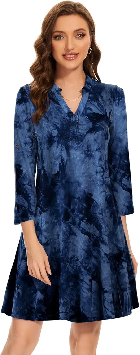 ZENNILO Womens 3/4 Sleeve Dress V Neck Plus Size Tshirt Dress for Women Knee Length with Pockets