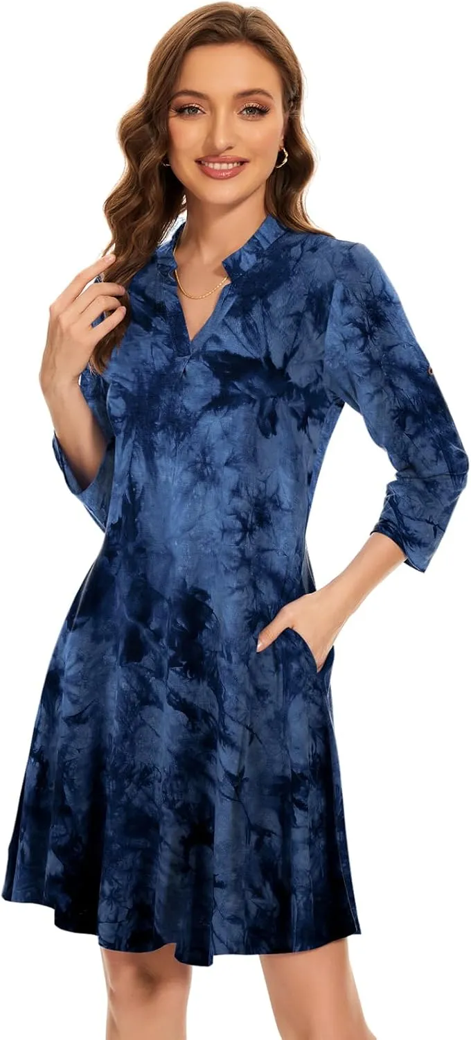 ZENNILO Womens 3/4 Sleeve Dress V Neck Plus Size Tshirt Dress for Women Knee Length with Pockets