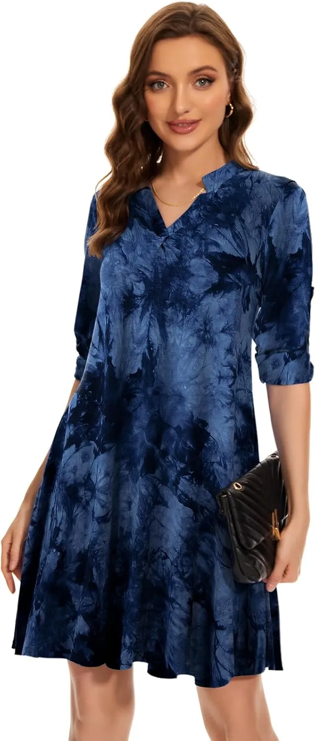 ZENNILO Womens 3/4 Sleeve Dress V Neck Plus Size Tshirt Dress for Women Knee Length with Pockets