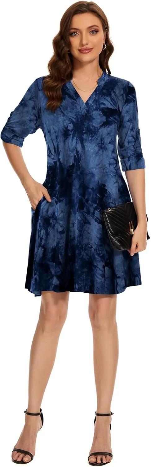 ZENNILO Womens 3/4 Sleeve Dress V Neck Plus Size Tshirt Dress for Women Knee Length with Pockets
