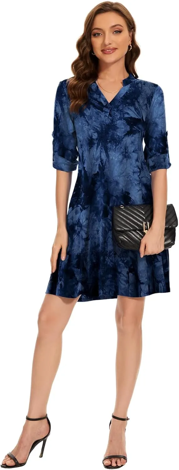 ZENNILO Womens 3/4 Sleeve Dress V Neck Plus Size Tshirt Dress for Women Knee Length with Pockets