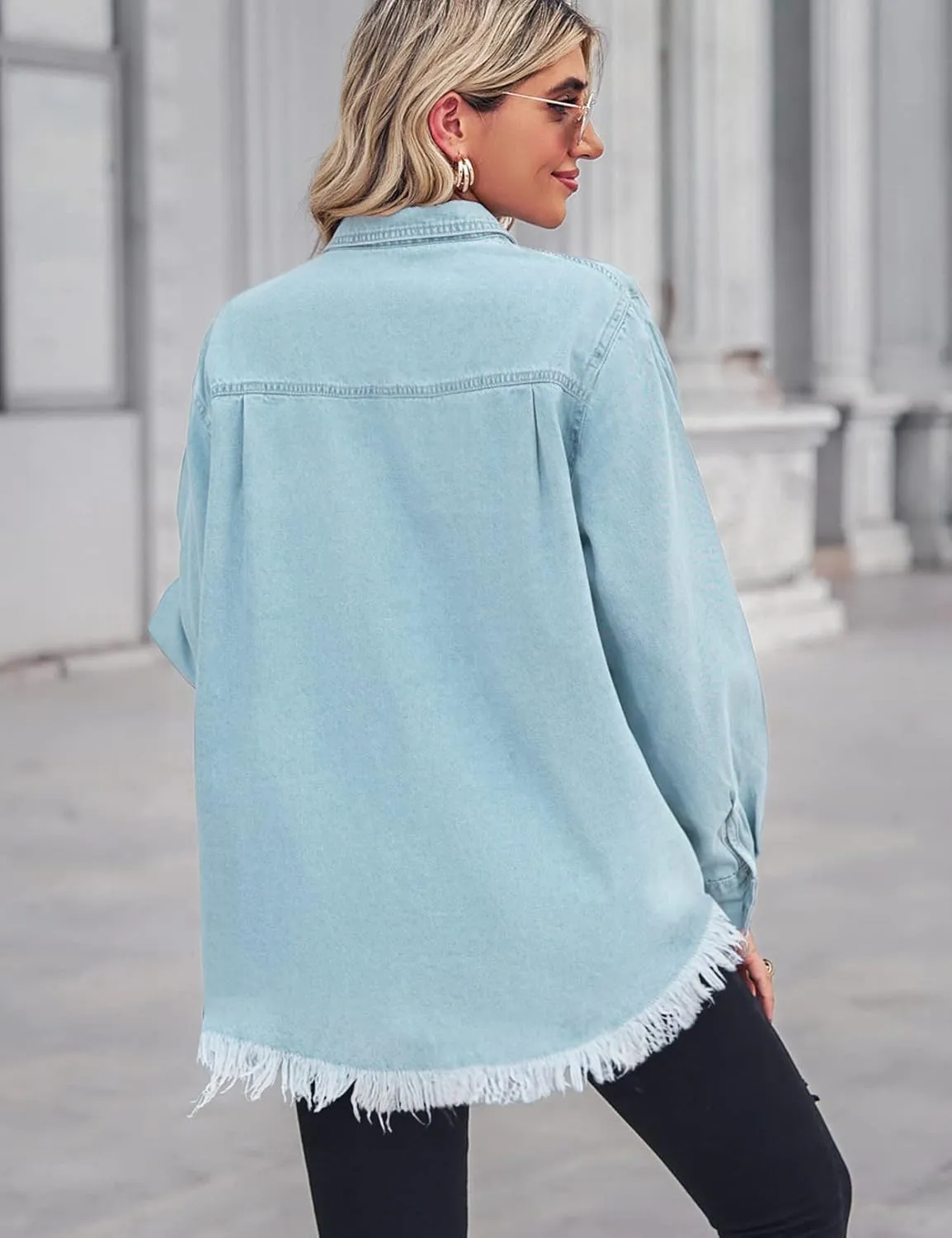 Zilcremo Women Denim Shirt Chambray Collared Jean Shirts Long Sleeve Pocket Button Down Blouses