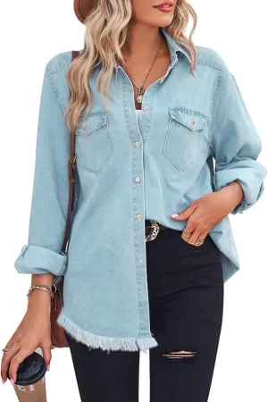 Zilcremo Women Denim Shirt Chambray Collared Jean Shirts Long Sleeve Pocket Button Down Blouses