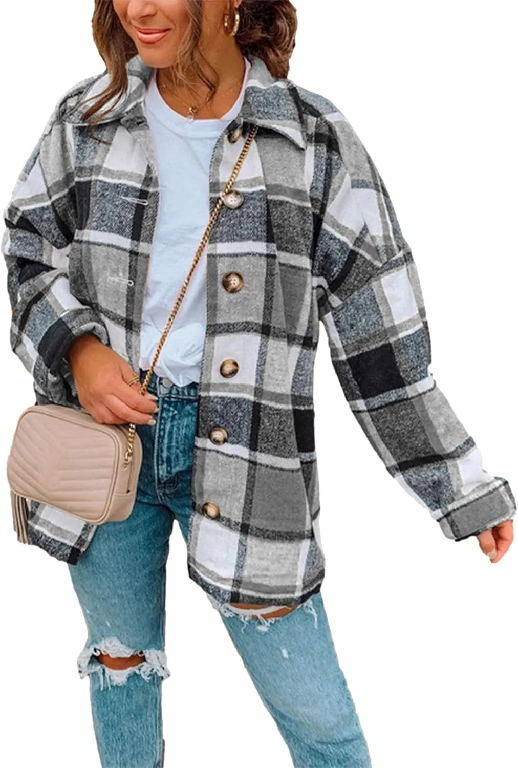 Zontroldy Casual Long Plaid Shirts Shacket Jacket Button Down Long Sleeve Shirts Trench Coats for Women
