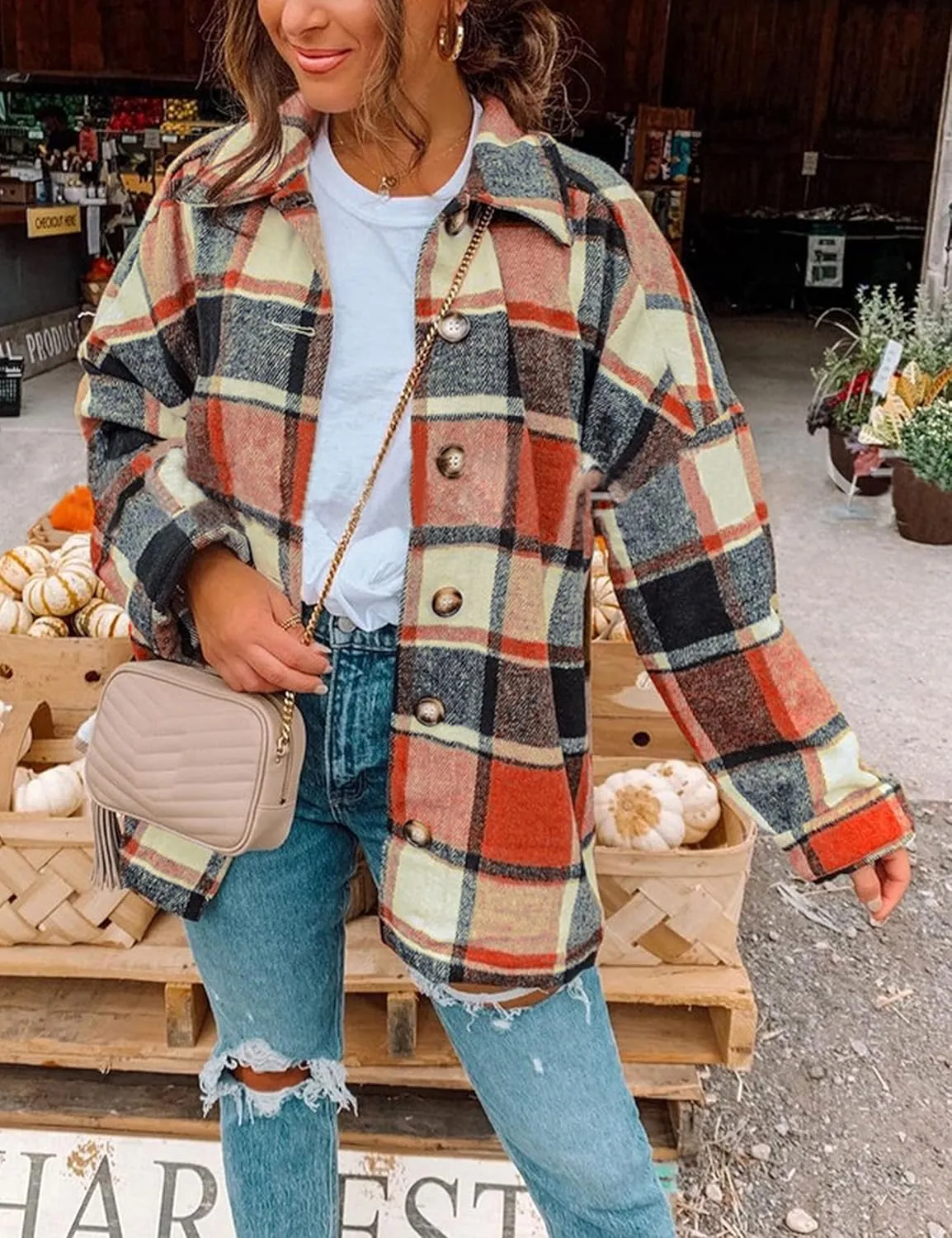 Zontroldy Casual Long Plaid Shirts Shacket Jacket Button Down Long Sleeve Shirts Trench Coats for Women