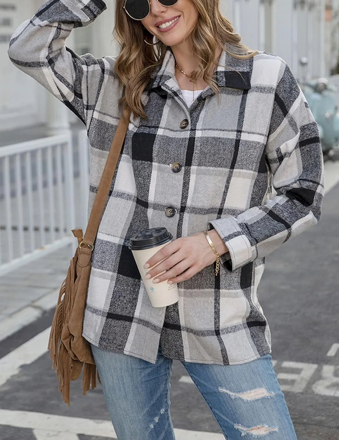 Zontroldy Casual Long Plaid Shirts Shacket Jacket Button Down Long Sleeve Shirts Trench Coats for Women
