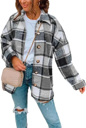 Zontroldy Casual Long Plaid Shirts Shacket Jacket Button Down Long Sleeve Shirts Trench Coats for Women