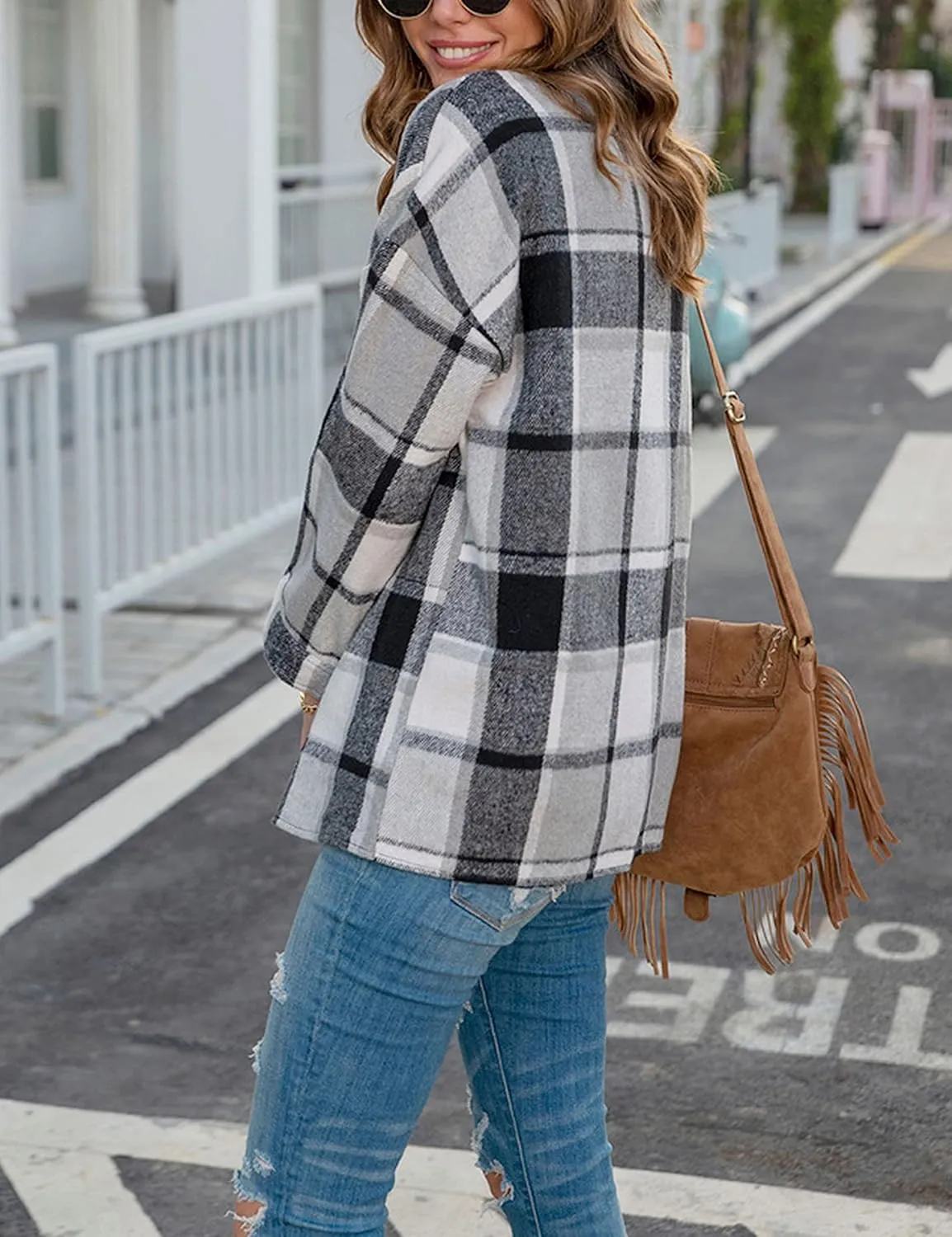 Zontroldy Casual Long Plaid Shirts Shacket Jacket Button Down Long Sleeve Shirts Trench Coats for Women