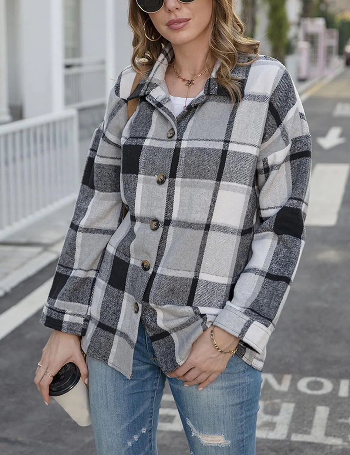 Zontroldy Casual Long Plaid Shirts Shacket Jacket Button Down Long Sleeve Shirts Trench Coats for Women