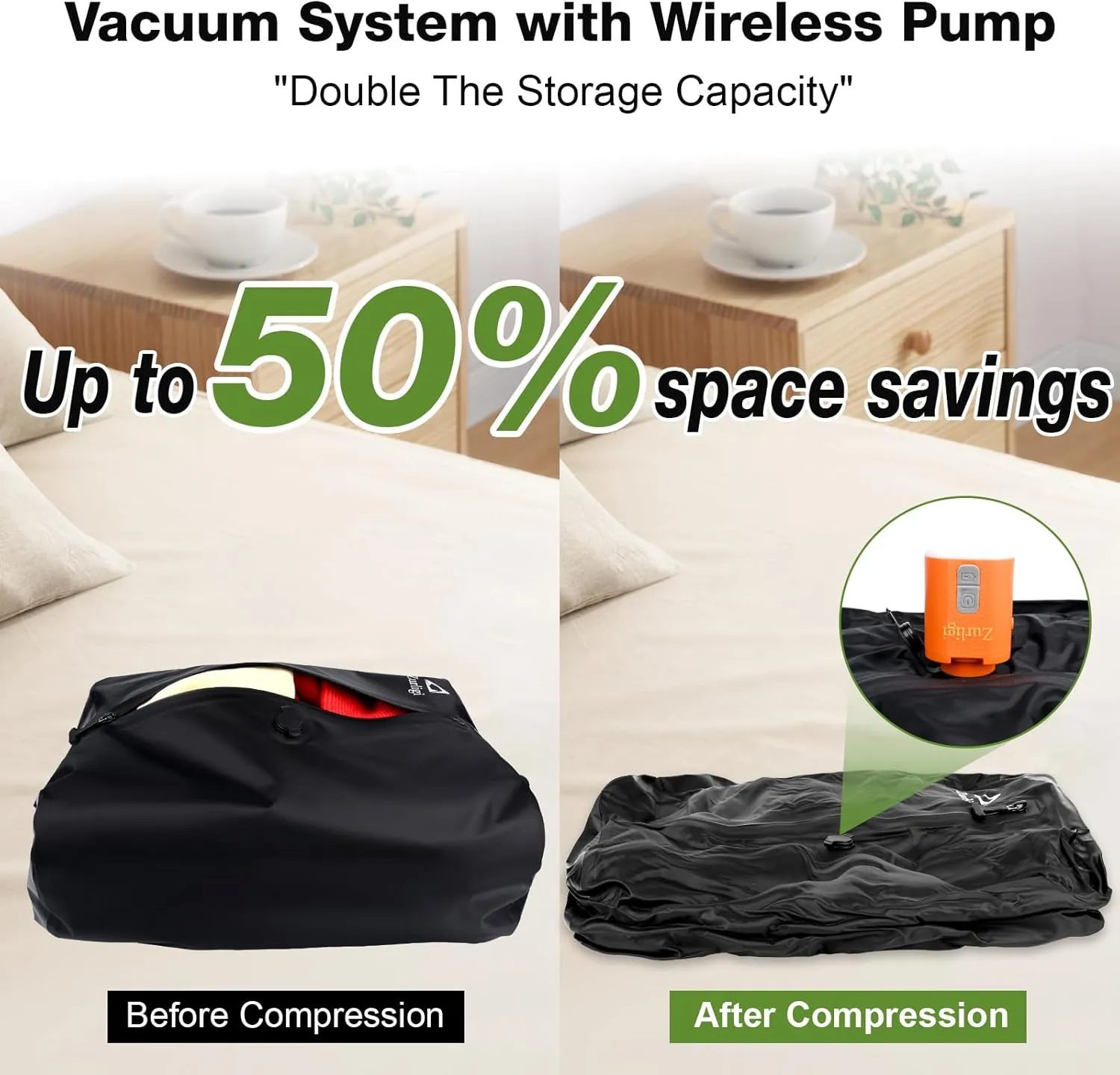 Zurligi Vacuum Bags for Travel with Pump, Vacuum Compression Bag with Adjustable Shoulder Strap, IP67 Reusable Vacuum Packing Cubes for Luggage, Backpack, Suitcase, Yoga, Swim, Beach