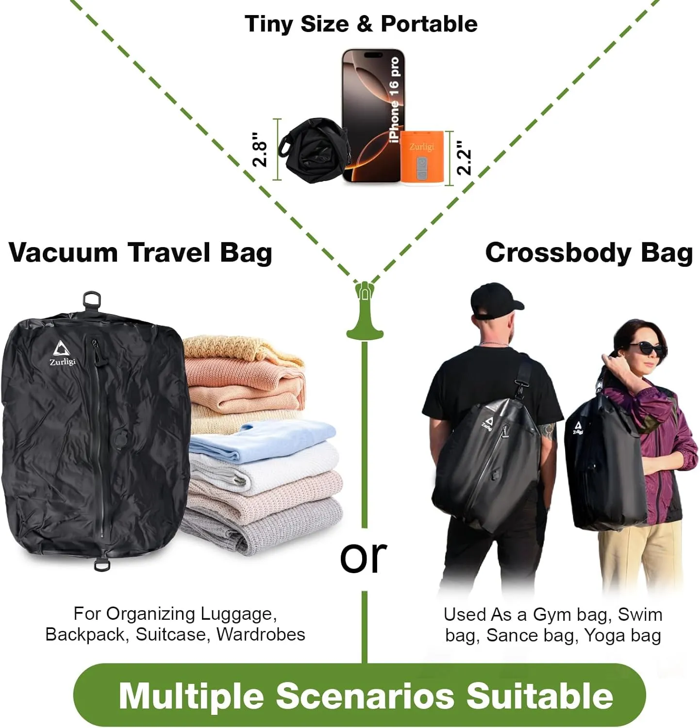 Zurligi Vacuum Bags for Travel with Pump, Vacuum Compression Bag with Adjustable Shoulder Strap, IP67 Reusable Vacuum Packing Cubes for Luggage, Backpack, Suitcase, Yoga, Swim, Beach