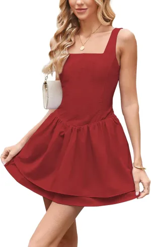 Zyyfly Women's Square Neck Ruffle Mini Dress Drop Waist Corset Short Party Dresses